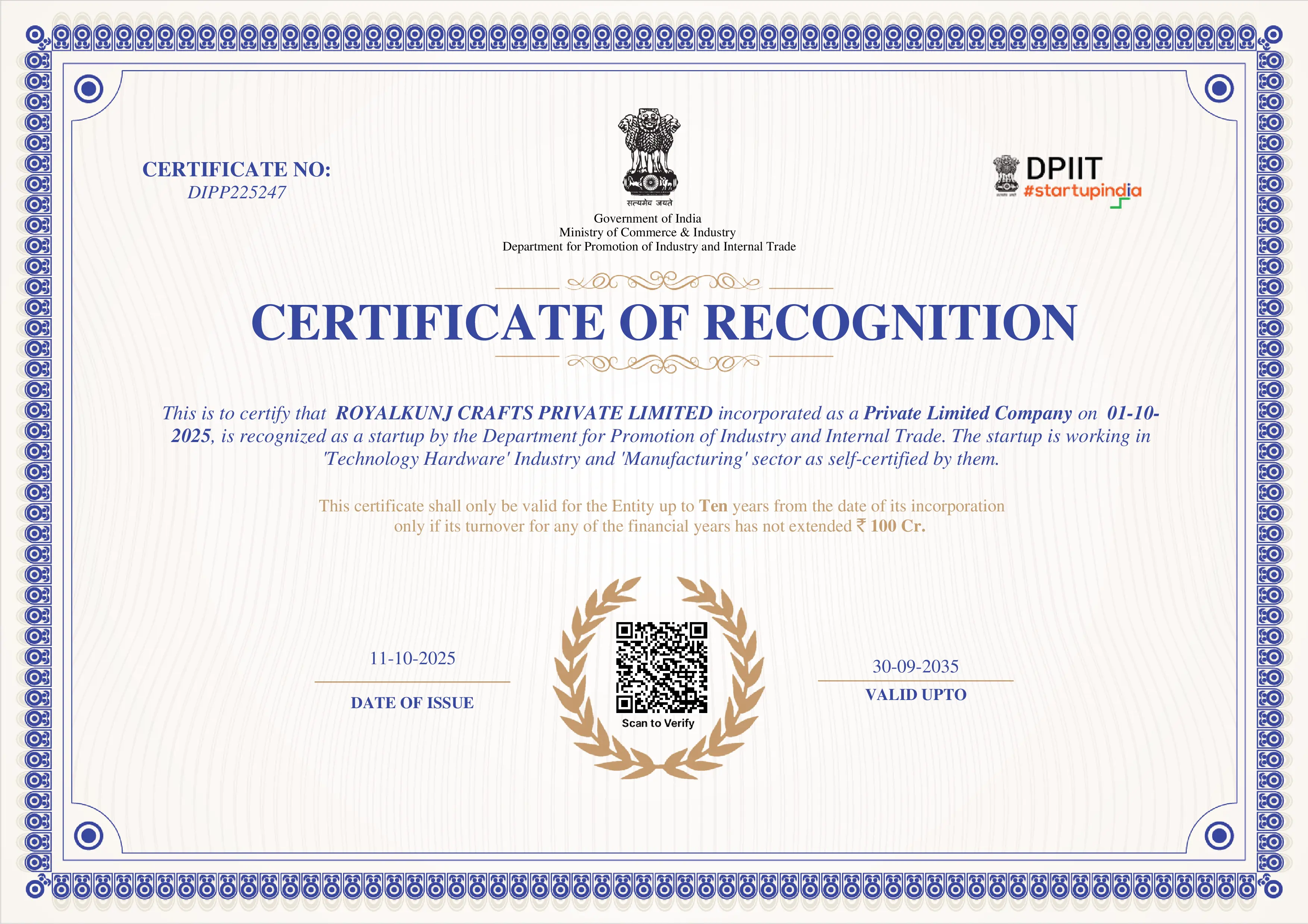 Startup India Certificate